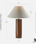 Walnut Wood Base Table Lamp With Beige Fabric Shade And Antique Brass Accents, 25.5 Inch Tall, shown with dimensions