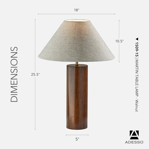 Walnut Wood Base Table Lamp With Beige Fabric Shade And Antique Brass Accents, 25.5 Inch Tall, shown with dimensions