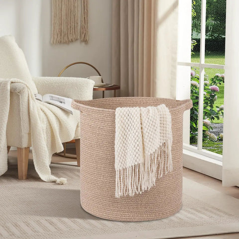 Dope Rope Laundry Basket With Handles For Living Room Storage, Modern Woven Bin For Toys, Throws, Pillows, 18 By 16 Inches