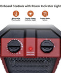 Close-up view of 1500W Ceramic Space Heater With Fan showing adjustable thermostat and power indicator light, red color.