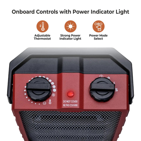 Close-up view of 1500W Ceramic Space Heater With Fan showing adjustable thermostat and power indicator light, red color.