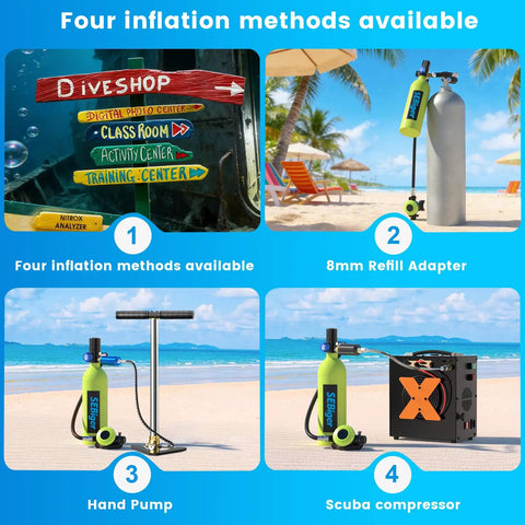 1L DOT Certified Mini Scuba Tank with four inflation methods displayed: refill adapter, hand pump, scuba compressor on beach.