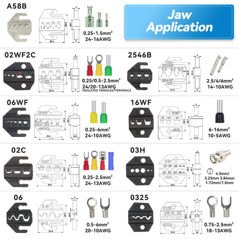 Jaw application guide for Ratcheting Crimping Tool Kit With 11 Changeable Jaws For Dupont JST MOLEX Open Barrel Terminals.