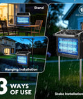 Cordless Solar Mosquito Zapper With 4500V Electric Grid Auto On Off Waterproof Outdoor Bug Trap For Patio Garage Yard Or Camping USB Or Solar Powered Backyard Ready Bug Killer showing stand, hanging, and stake installations