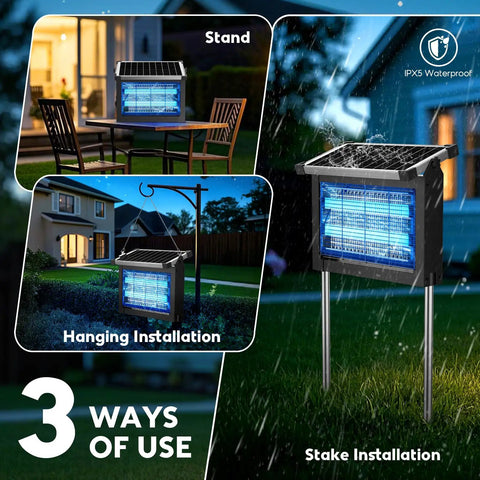Cordless Solar Mosquito Zapper With 4500V Electric Grid Auto On Off Waterproof Outdoor Bug Trap For Patio Garage Yard Or Camping USB Or Solar Powered Backyard Ready Bug Killer showing stand, hanging, and stake installations