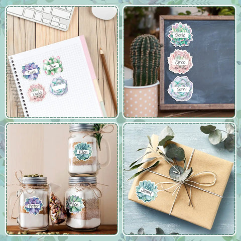 80Pcs Back To School Succulent Name Tag Stickers Set with 8 Designs on notebooks, jars, chalkboard, and gift box display
