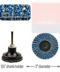 30 Pc 2 Inch Mini Flap Disc Set For Metal Grinding With 1 Quarter Inch Shank, Assorted 40 60 80 Grit Zirconia High Density Discs, Fits Angle Die Grinders, 12,000 To 14,000 RPM, Quick Change Compatible, Pack Of 30; showing flap disc design and shank holder detail