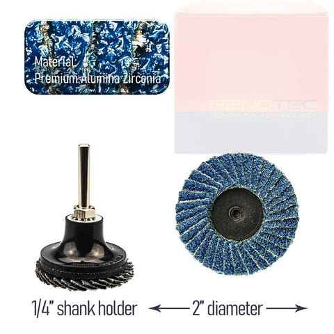 30 Pc 2 Inch Mini Flap Disc Set For Metal Grinding With 1 Quarter Inch Shank, Assorted 40 60 80 Grit Zirconia High Density Discs, Fits Angle Die Grinders, 12,000 To 14,000 RPM, Quick Change Compatible, Pack Of 30; showing flap disc design and shank holder detail