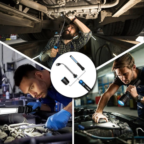 Collage showing mechanics using 6500 Lumen Rechargeable Flashlight With 3 In 1 LED Work Light, Magnetic Base, in garages.