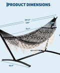 Heavy Duty Double Hammock With Stand For Indoor Outdoor Use, 450 Lbs Capacity, 2 Person, 9 Foot Boho Style, dimensions shown