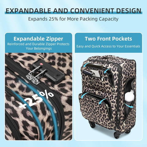 Expandable Softside 4-Piece Luggage Set With 20 Inch Carry-On, 16 Inch Underseat Bag, Spinner Wheels, TSA Lock, Leopard Print