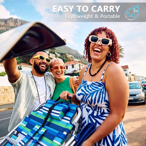 Friends carrying Rock Solid Backpack Beach Chair For Adults Folding Heavy Duty Camping Chair at scenic outdoor location