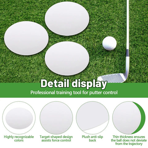 6 Piece Golf Putting Target Circles Set For Indoor And Outdoor Practice Waterproof PVC Leather Hole Cup Putt Disks Green Pro Grade Training Aids For Accuracy White on grass with golf club and ball.