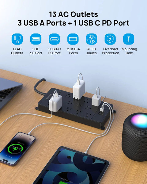Surge Protector Power Strip With 10ft Heavy Duty Extension Cord, 32W USB C And Quick Charge 3.0 Ports, 4000J, ETL Listed