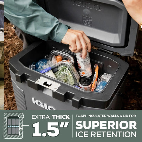 Top Shelf 25 Quart Insulated Cooler With Thick Foam Walls And Cool Riser Tech with drinks and food inside, perfect for road trips.