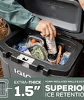Heavy Duty 25 Quart Insulated Cooler Box With Thick Foam Walls For Serious Ice Retention Made In Usa filled with drinks and snacks.