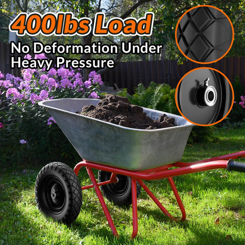 Flat Free 16 Inch Wheelbarrow Tire And Wheel Set Built Tough No Flats Solid Puncture Proof Tire on wheelbarrow in garden