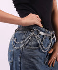 Badass Black Pu Leather Waist Chain Belt Featuring Heavy Duty Hardware And Distressed Details For Emo Punk Goth Grunge Fashion.
