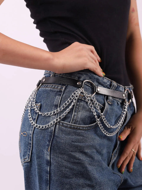 Badass Black Pu Leather Waist Chain Belt Featuring Heavy Duty Hardware And Distressed Details For Emo Punk Goth Grunge Fashion.