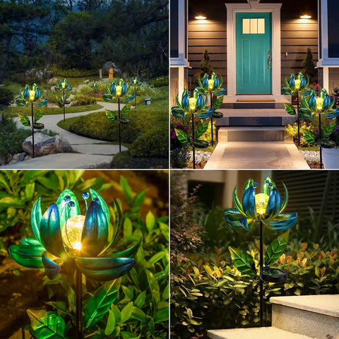 Solar Powered Garden Wind Spinner Light With Blue Lotus Crackle Glass Globe Waterproof LED Outdoor Decor Stake displayed in a garden.