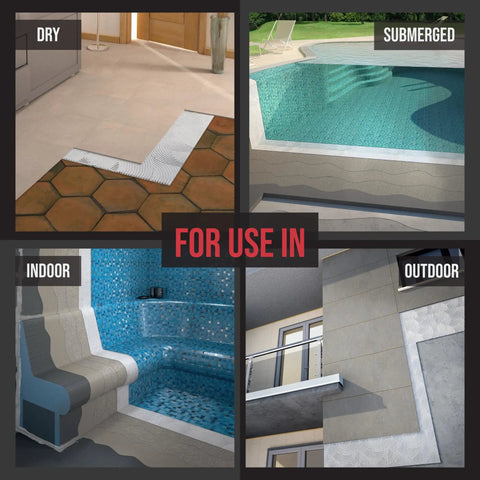 Four tiles featuring Pro-Grade Two-Component Reactive Adhesive For Ceramic, Mosaic And Stone Tiles, showing dry, submerged, indoor, outdoor uses