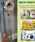 Heavy Duty Magnetic Mop And Broom Holder Rack With No Slip Wall Mount Movable Tool Organizer For Garage Kitchen Laundry And Garden 2 Pack Black For Indoor Outdoor Use with broom and mop attached on metal surface.