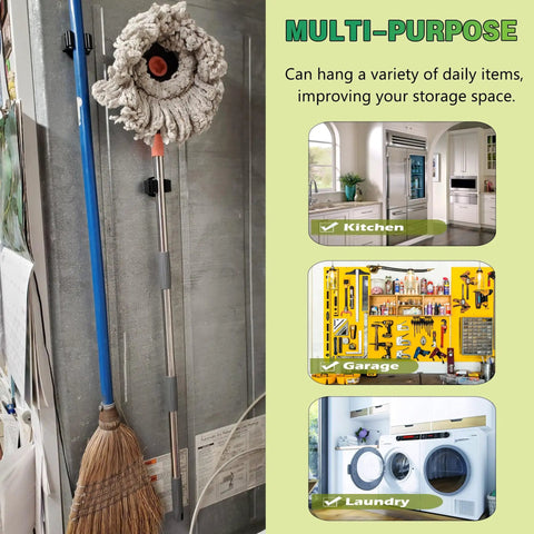 Heavy Duty Magnetic Mop And Broom Holder Rack With No Slip Wall Mount Movable Tool Organizer For Garage Kitchen Laundry And Garden 2 Pack Black For Indoor Outdoor Use with broom and mop attached on metal surface.