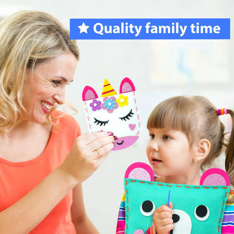 Mother and daughter enjoying Starter Kids Sewing Kit With 7 Fun DIY Projects Like Stuffed Animal Dolls And Plush Pillows.