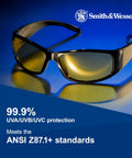 Badass Lightweight Anti Fog Safety Glasses With Amber Yellow Tinted Lenses And Sleek Black Frame For Shooting Sports, shown against a blue backdrop.