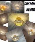 Boho Rattan Ceiling Light Fixture Flush Mount Handcrafted Woven Mini Chandelier With Gold Brass Brush Finish glowing in multiple rooms
