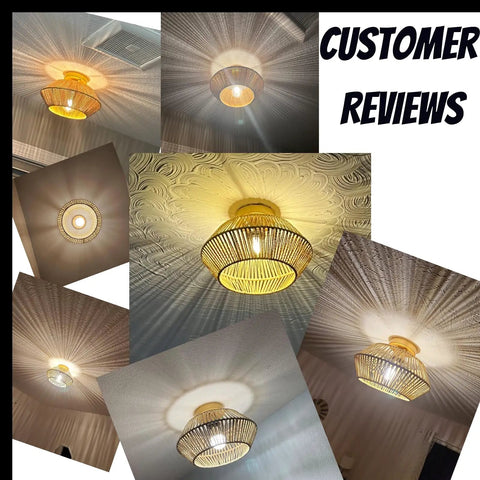 Boho Rattan Ceiling Light Fixture Flush Mount Handcrafted Woven Mini Chandelier With Gold Brass Brush Finish glowing in multiple rooms