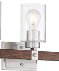 Arabel Three Light Vanity Fixture In Brushed Nickel And Nutmeg Wood Finish With Clear Seeded Glass Bathroom Vanity Lighting