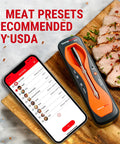 600 Foot Range Bluetooth Wireless Meat Thermometer With Upgraded Ultra Thin Probe beside sliced meat and app interface
