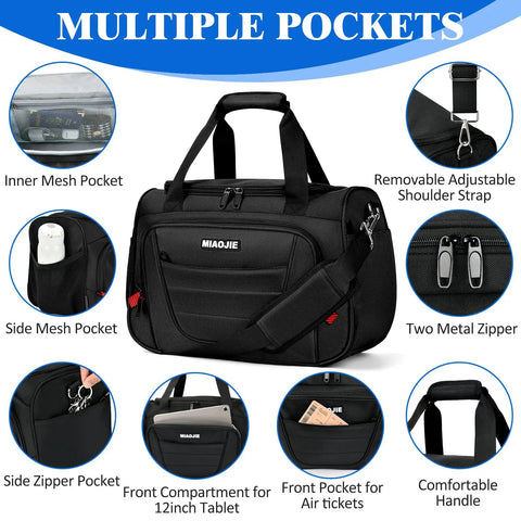 Carry On Duffel Bag For Air Travel And Personal Item, Weekender Tote with multiple pockets and shoulder strap, 16 Inch Durable Black