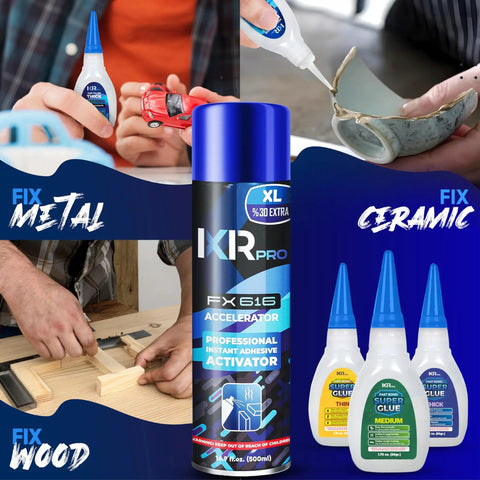 Cyanoacrylate Glue Kit With Activator And Accelerator Spray For Woodworking Includes Three Viscosity Bottles displayed on table