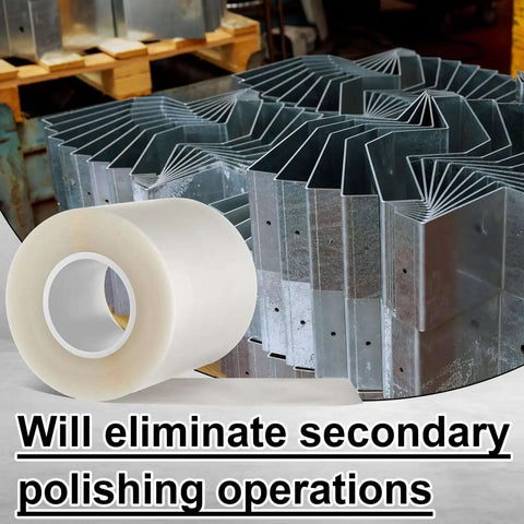 Urethane Die Guard Film for Press Brakes Protective Tape, 6x0.030 inch roll, shown with metal bending dies in background.