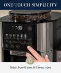 True Brew Drip Coffee Maker With Built In Grinder And Single Serve Function Brew 8 Oz To 24 Oz Hot Or Iced Coffee Stainless Steel CAM51025MB control panel with size options