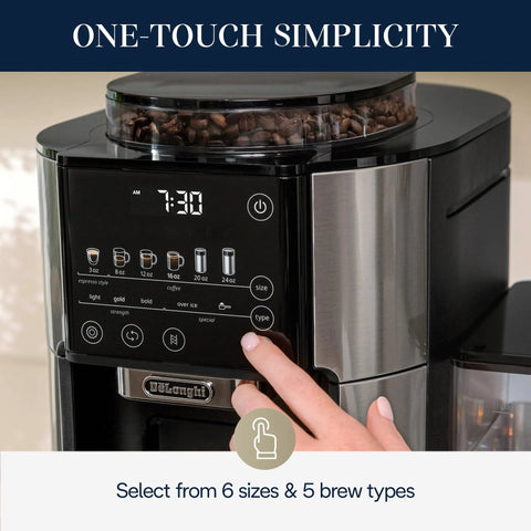True Brew Drip Coffee Maker With Built In Grinder And Single Serve Function Brew 8 Oz To 24 Oz Hot Or Iced Coffee Stainless Steel CAM51025MB control panel with size options