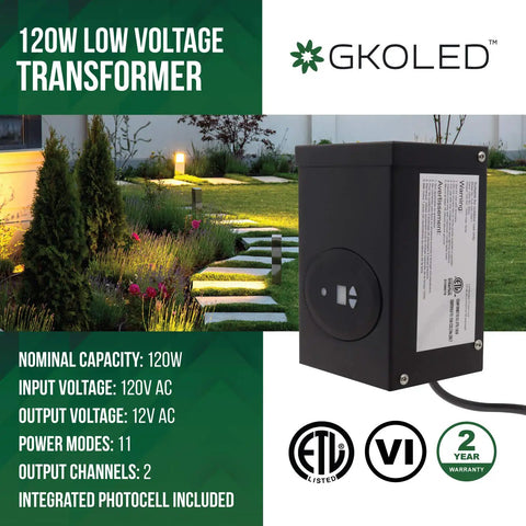 Low Voltage Outdoor Lighting Transformer With Photocell And Timer, 120W 12V Output, ETL Listed, product box with features
