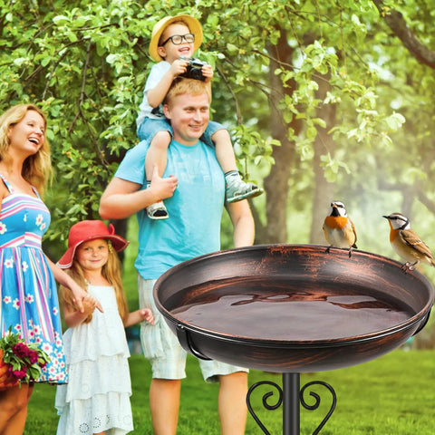 Vintage Bronze Metal Bird Bath And Feeder Bowl For Outdoors With Upgraded Five Prong Base And Taller Support Rod shown in garden