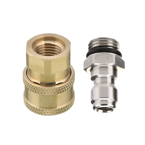 Brass 1/4-inch quick-disconnect female coupling with knurled grip and silver male plug with O-ring