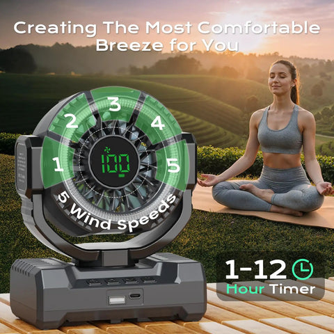 24000mAh Portable Camping Fan With LED Lantern on a table with yoga woman outdoors
