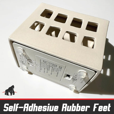 Transparent Adhesive Bumper Pads All In One 106 Piece Set with non-slip rubber feet on white appliance bottom.