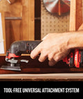 Powerful 20V Cordless Oscillating Tool Kit With 2.8 Degree Oscillation Angle in use with tool-free universal attachment