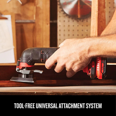 Powerful 20V Cordless Oscillating Tool Kit With 2.8 Degree Oscillation Angle in use with tool-free universal attachment