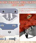 Knock Sensor Relocation Bracket Kit Fits 1997-2007 GM Gen III LS V8 Engines Including LS1 LS6 LSx LM7 LR4 LQ4 LQ9 LM4 L33 With Left Driver Side Bracket Right Passenger Side Bracket And Mounting Bolts Bolt-On Ready shown with parts list and engine detail.