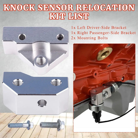 Knock Sensor Relocation Bracket Kit Fits 1997-2007 GM Gen III LS V8 Engines Including LS1 LS6 LSx LM7 LR4 LQ4 LQ9 LM4 L33 With Left Driver Side Bracket Right Passenger Side Bracket And Mounting Bolts Bolt-On Ready shown with parts list and engine detail.