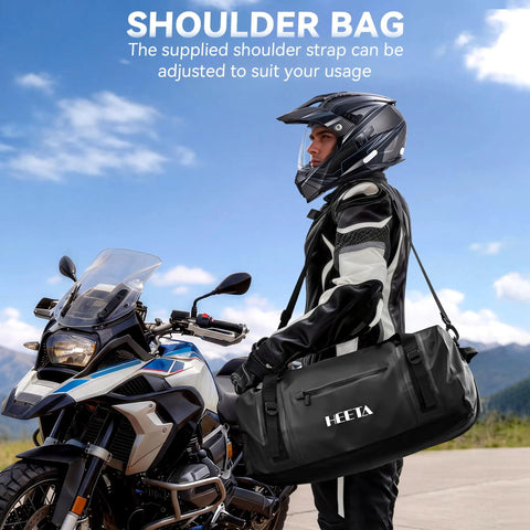 Motorcyclist carrying Waterproof Motorcycle Dry Bag 50L Duffel Luggage with Zippered Closure and Shoulder Straps