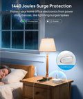 Hella Spaced Surge Protector Power Strip With Flat Plug Extension Cord And 5 Foot Cord on bedside table protecting devices during a storm.