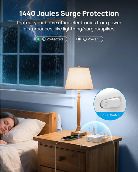 Hella Spaced Surge Protector Power Strip With Flat Plug Extension Cord And 5 Foot Cord on bedside table protecting devices during a storm.